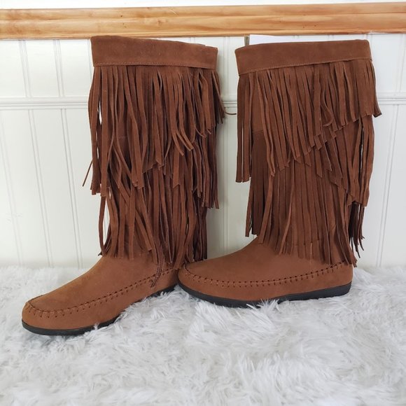 AU Air Underground Womens Moccasin Boot Sz 7 .5 M Chestnut Brown Fringe Mid Calf - Picture 7 of 9